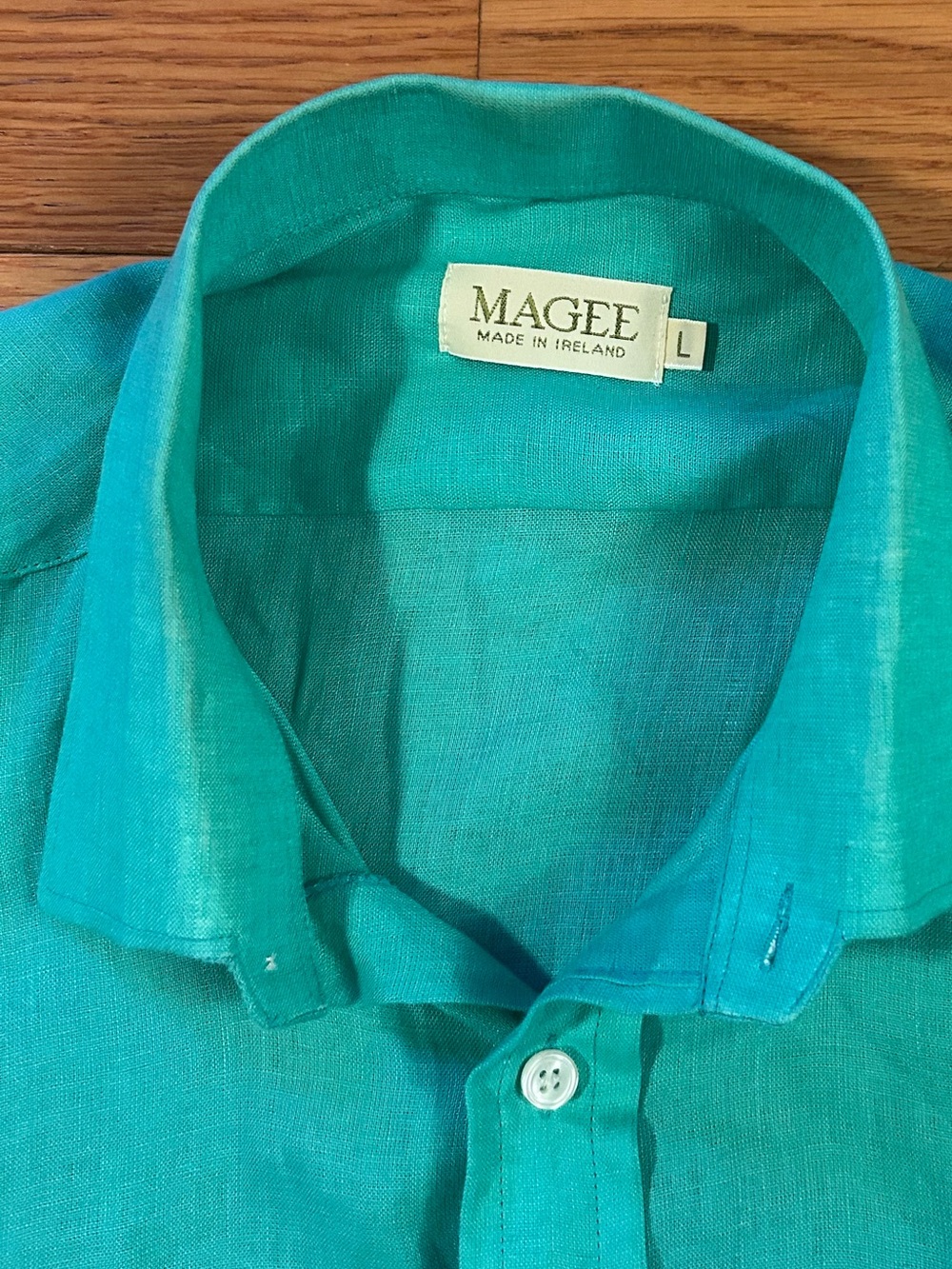 Men’s Teal Magee 1866 button-up Benbaun shirt 100% Irish Linen sizeL - Picture 3 of 6